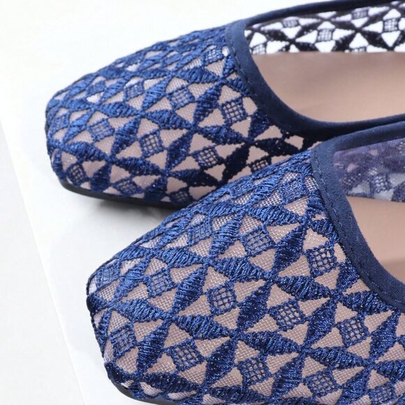 Blue Elegant Women's Woven Square Toe Slip-On Flats - Picture 3 of 7